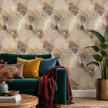 Mandala Desenli Duvar Kağıdı Bej Kahverengi Vintage Salon