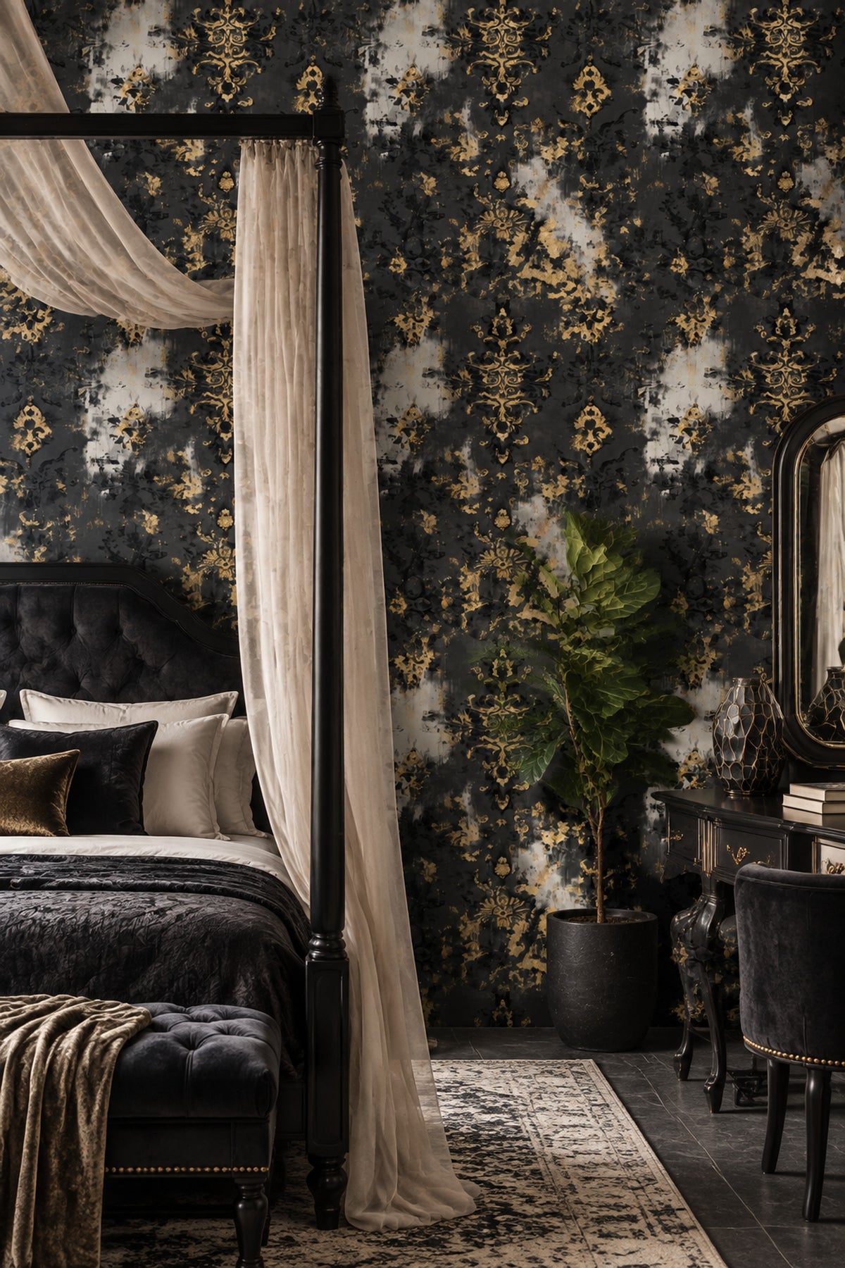 Altın Damask Desenli Duvar Kağıdı Siyah Salon Dekoru