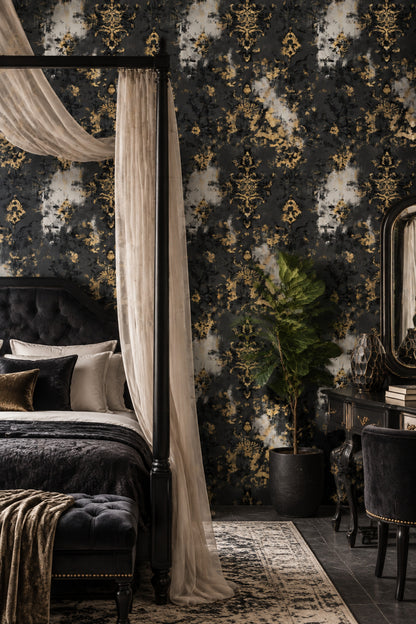 Altın Damask Desenli Duvar Kağıdı Siyah Salon Dekoru