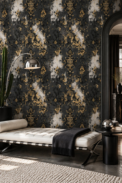 Altın Damask Desenli Duvar Kağıdı Siyah Salon Dekoru