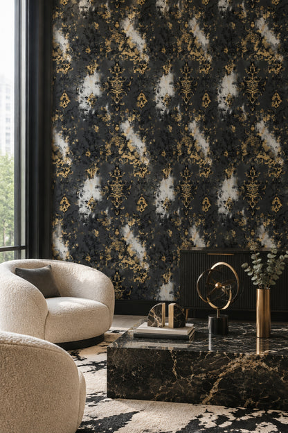 Altın Damask Desenli Duvar Kağıdı Siyah Salon Dekoru