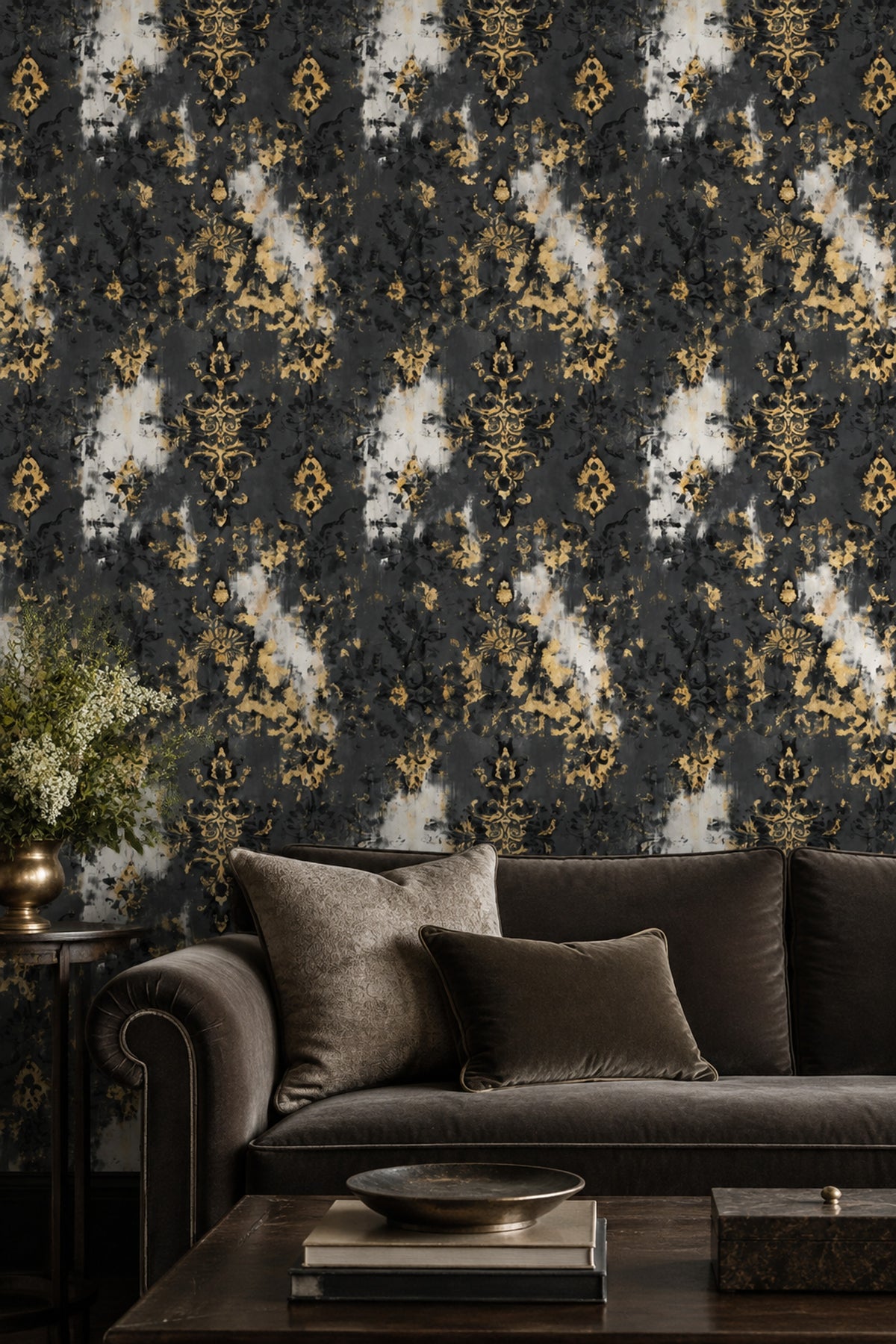 Altın Damask Desenli Duvar Kağıdı Siyah Salon Dekoru