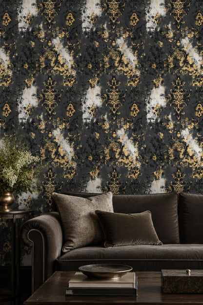 Altın Damask Desenli Duvar Kağıdı Siyah Salon Dekoru