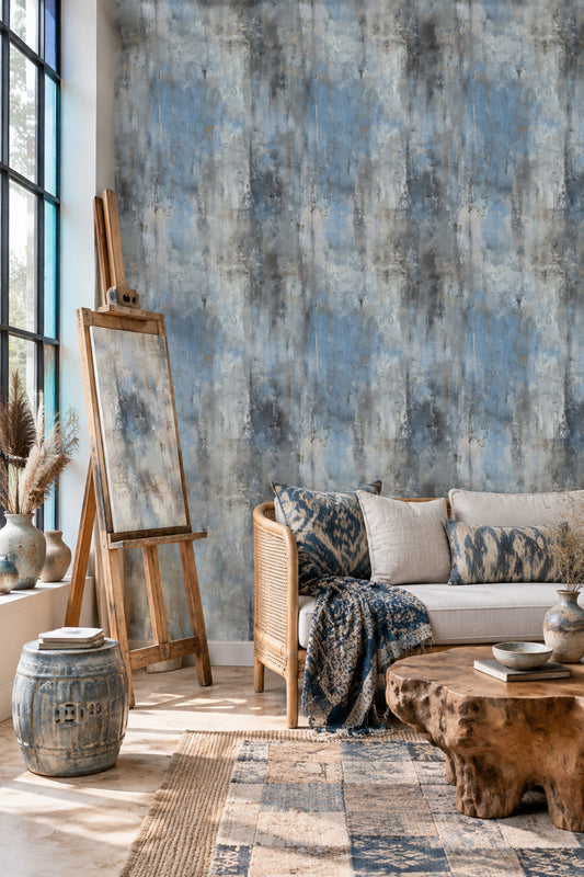 Soyut Mavi Gri Duvar Kağıdı Beton Görünümlü Salon