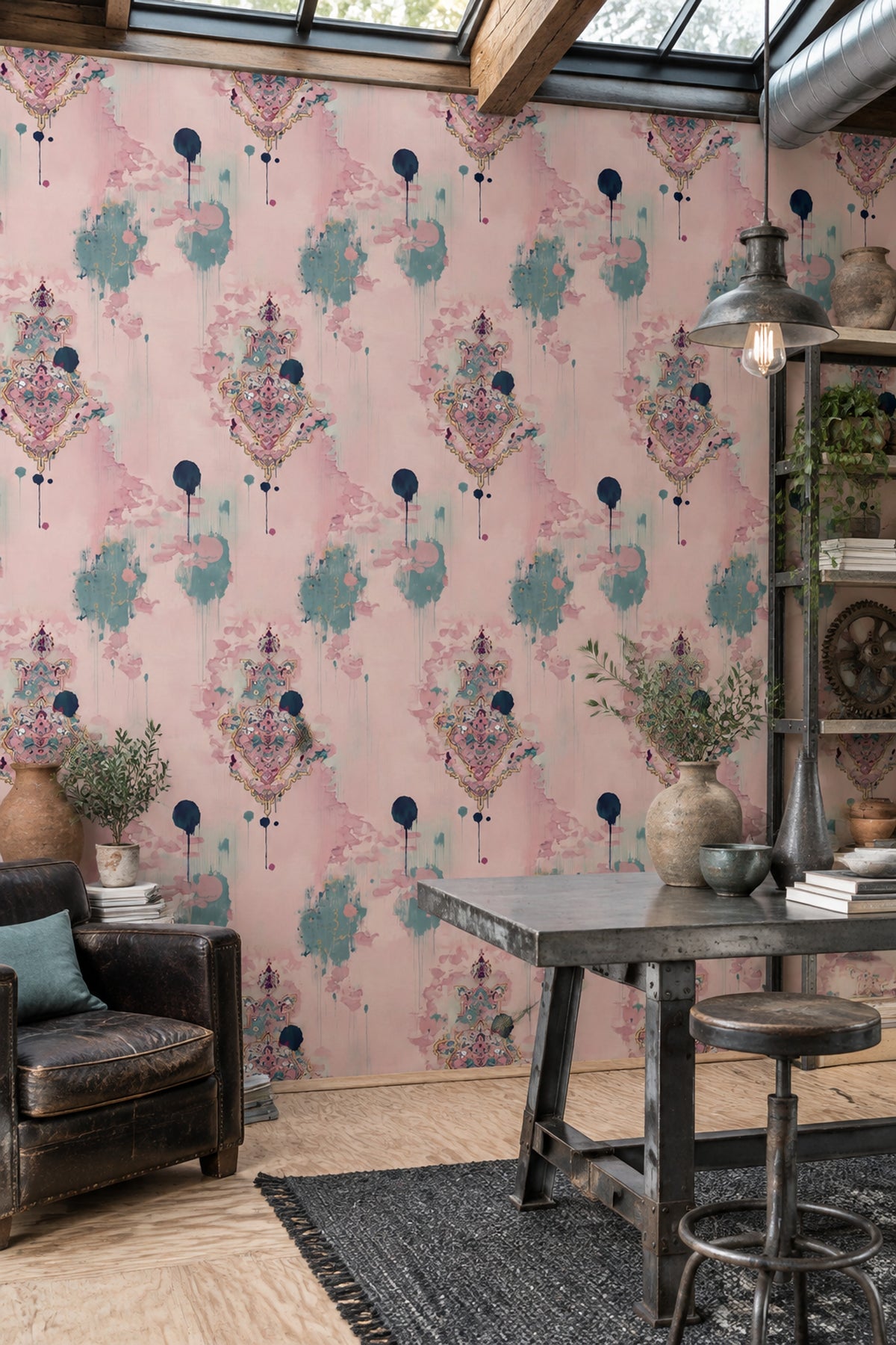 Etnik Desenli Duvar Kağıdı Pembe Turkuaz Salon Duvarı