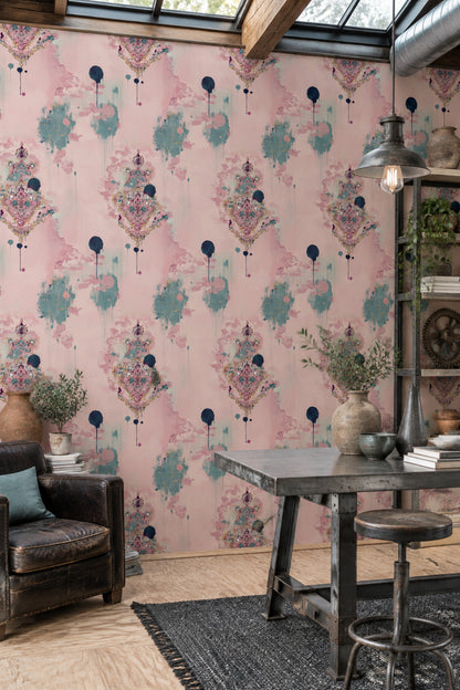 Etnik Desenli Duvar Kağıdı Pembe Turkuaz Salon Duvarı