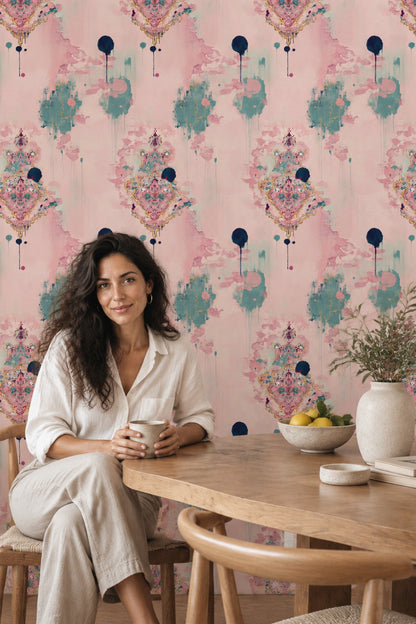 Etnik Desenli Duvar Kağıdı Pembe Turkuaz Salon Duvarı