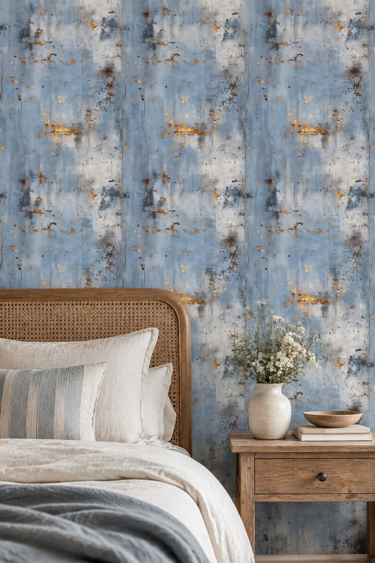 Mavi Soyut Duvar Kağıdı Altın Efektli Modern Salon