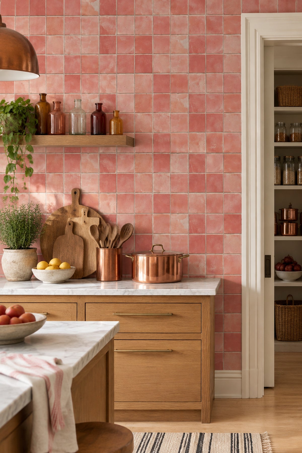 Pembe Kare Fayans Görünümlü Duvar Kağıdı Mutfak Duvarı