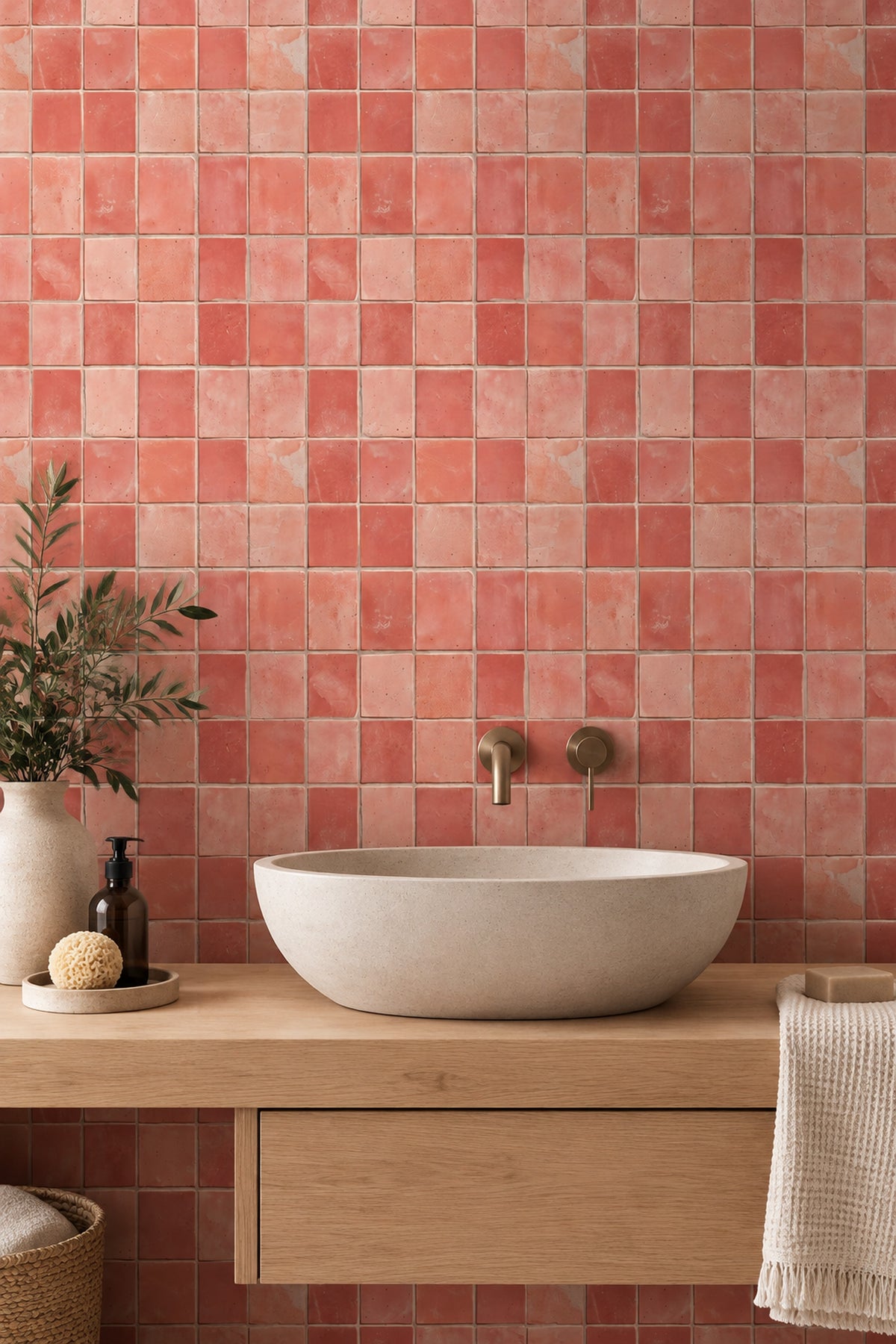 Pembe Kare Fayans Görünümlü Duvar Kağıdı Mutfak Duvarı