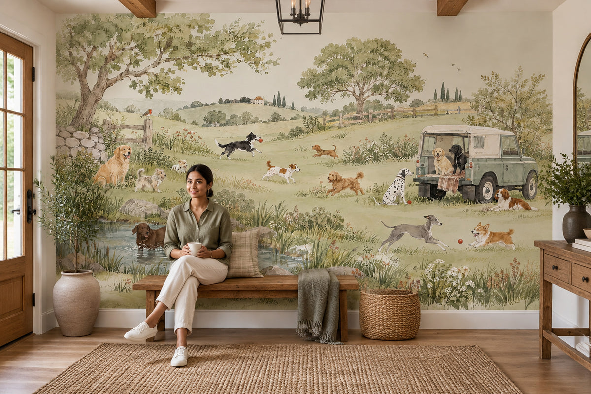 Kırsal Manzaralı Köpekli Poster Duvar Kağıdı Yeşil Çocuk Odası