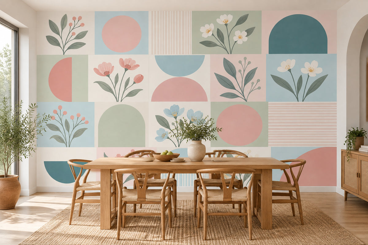 Pastel Geometrik Çiçekli Poster Duvar Kağıdı Salon Duvarı