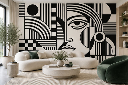 Soyut Yüz Çizimli Poster Duvar Kağıdı Siyah Beyaz Salon