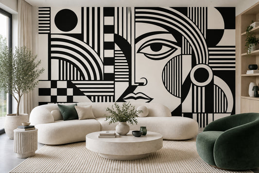 Soyut Yüz Çizimli Poster Duvar Kağıdı Siyah Beyaz Salon