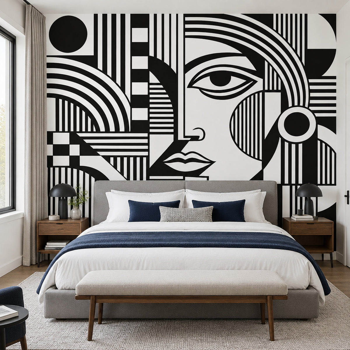 Soyut Yüz Çizimli Poster Duvar Kağıdı Siyah Beyaz Salon