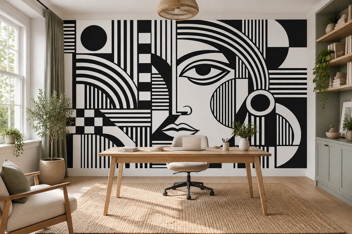Soyut Yüz Çizimli Poster Duvar Kağıdı Siyah Beyaz Salon