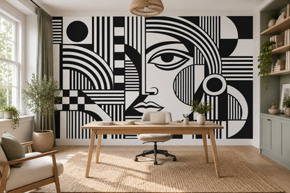 Soyut Yüz Çizimli Poster Duvar Kağıdı Siyah Beyaz Salon