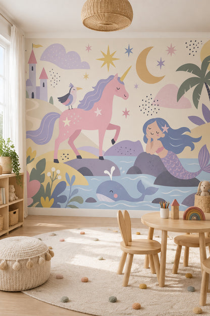 Unicorn Denizkızı Poster Duvar Kağıdı Pastel Çocuk Odası Desenli