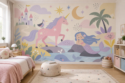 Unicorn Denizkızı Poster Duvar Kağıdı Pastel Çocuk Odası Desenli