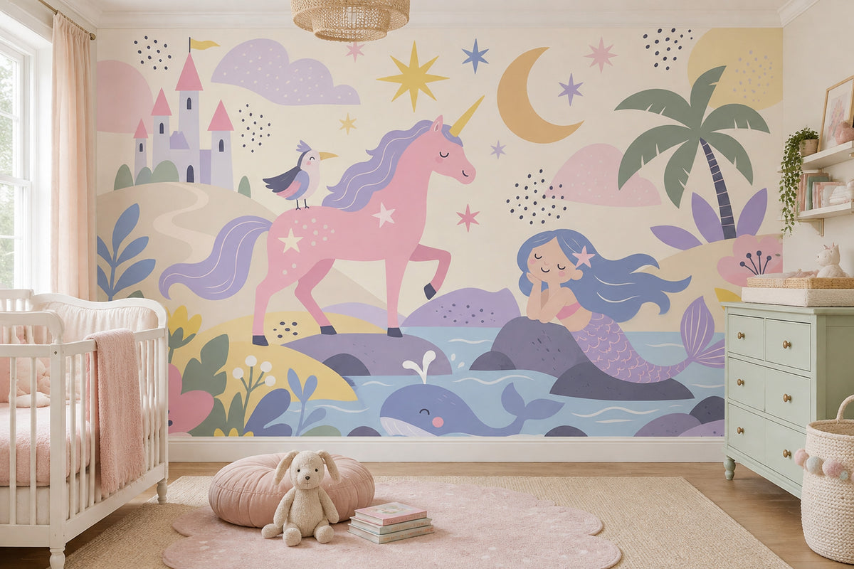 Unicorn Denizkızı Poster Duvar Kağıdı Pastel Çocuk Odası Desenli