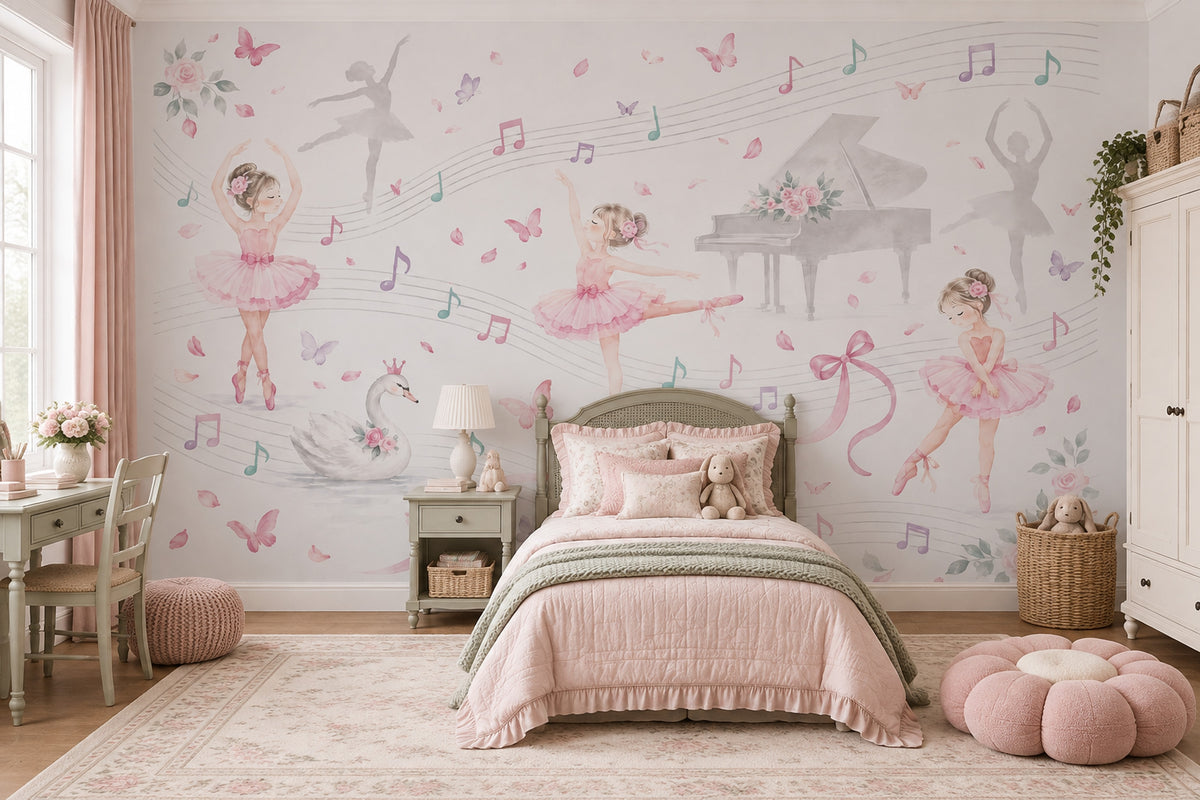Balerinli Poster Duvar Kağıdı Pembe Çocuk Odası Müzik Temalı
