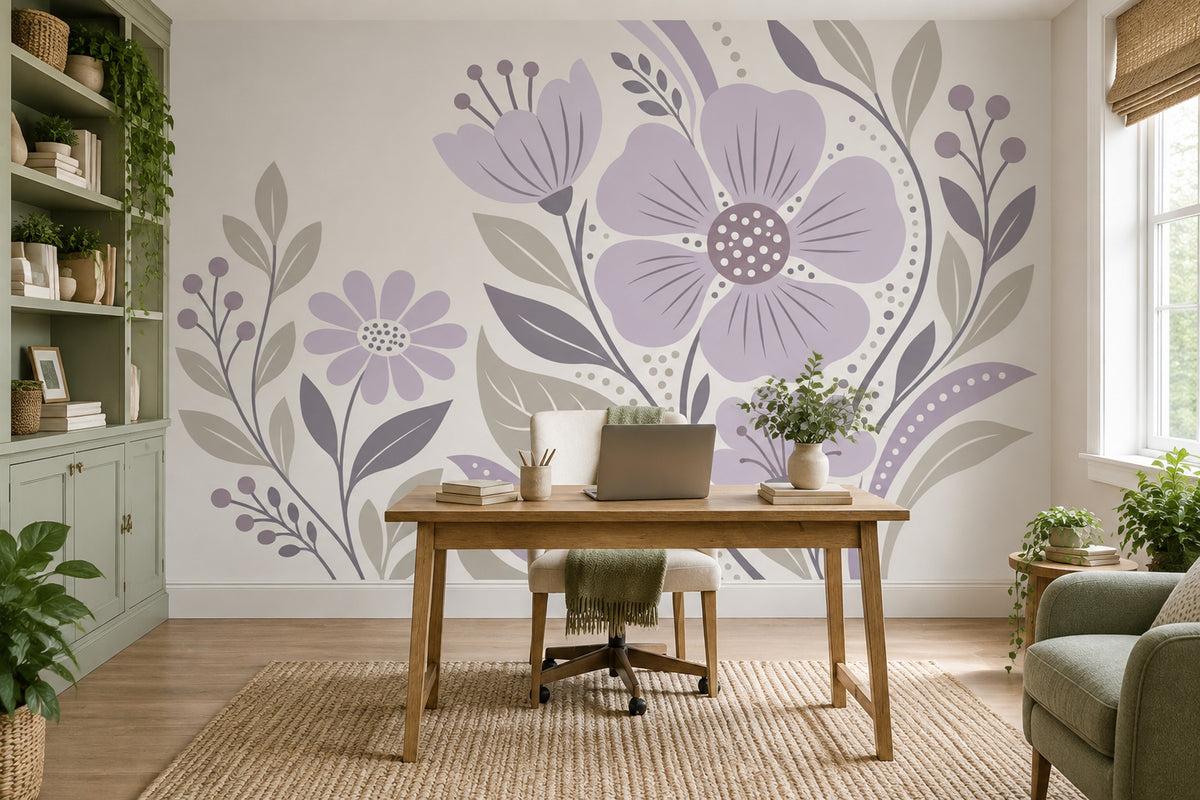 Mor Çiçek Desenli Poster Duvar Kağıdı Modern Salon Dekoru