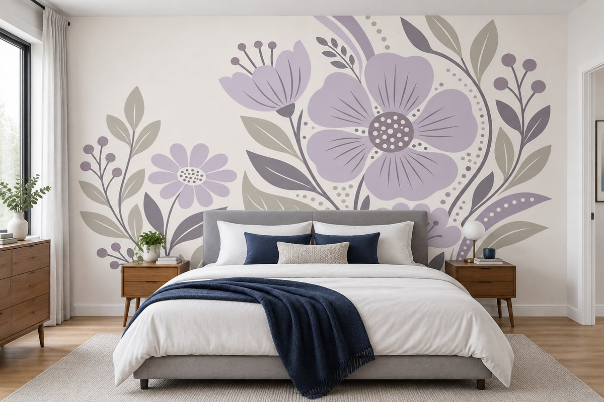 Mor Çiçek Desenli Poster Duvar Kağıdı Modern Salon Dekoru