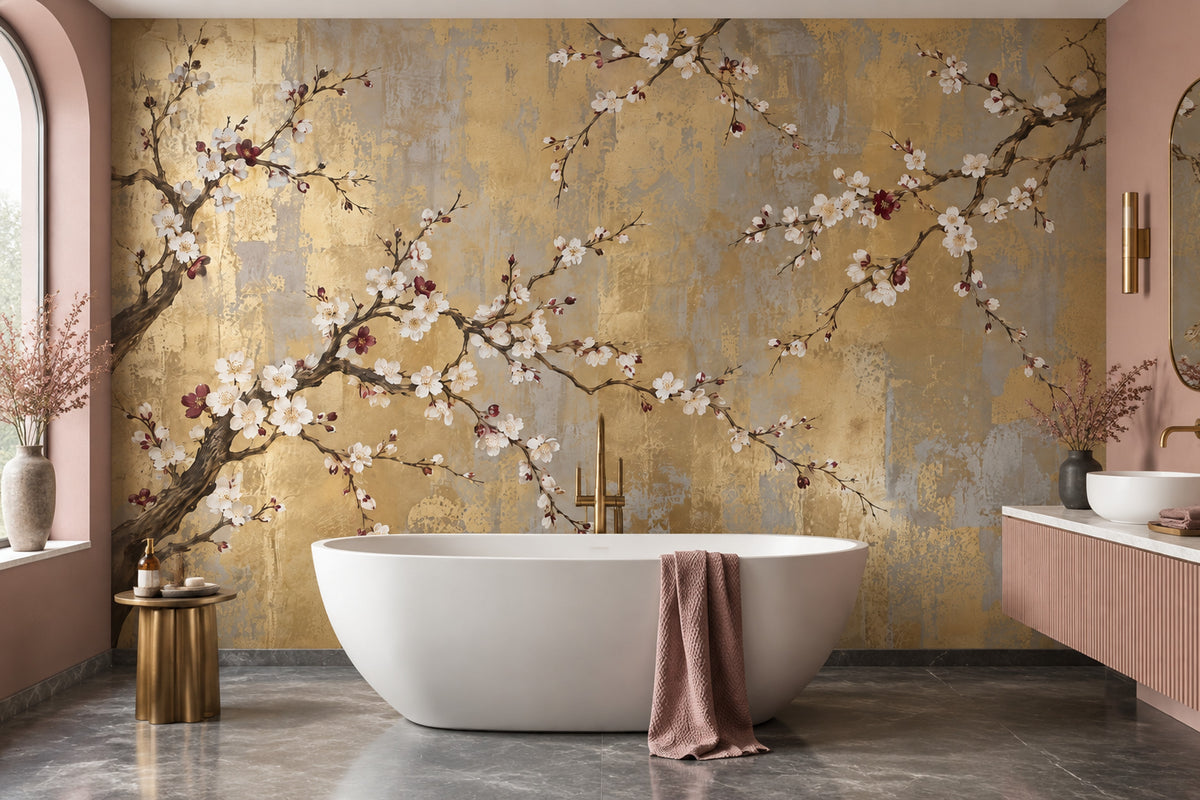 Japon Kiraz Çiçekli Poster Duvar Kağıdı Altın Gri Salon