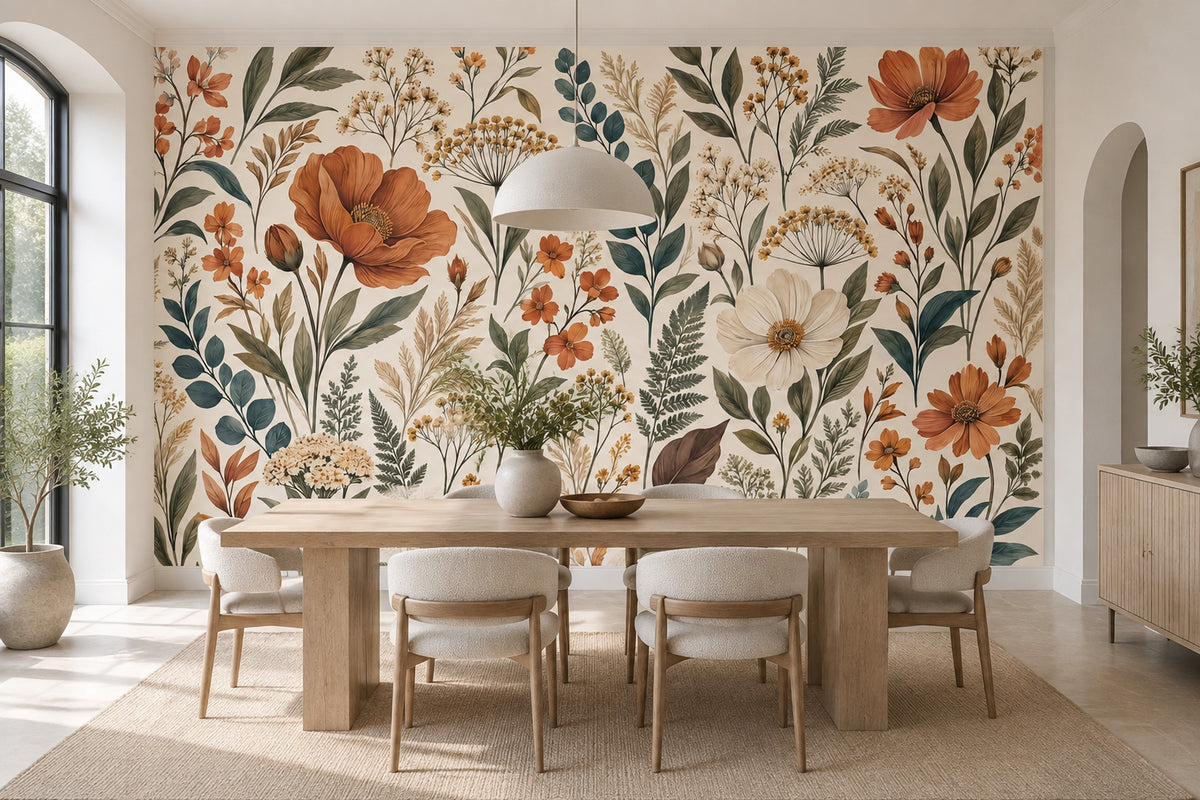 Botanik Çiçekli Poster Duvar Kağıdı Bej Zemin Salon