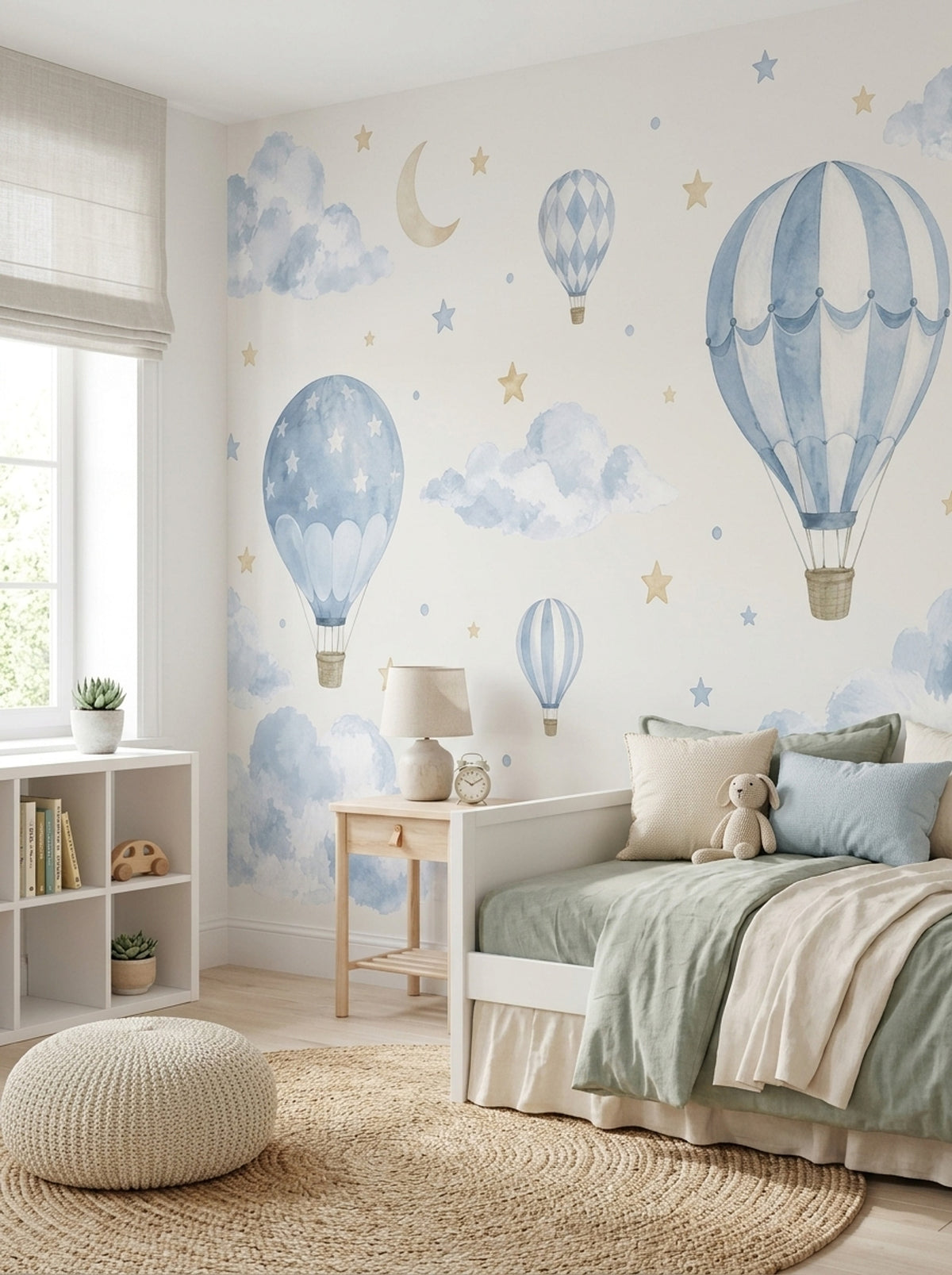 Bulutlu Balon Desenli Poster Duvar Kağıdı Mavi Çocuk Odası