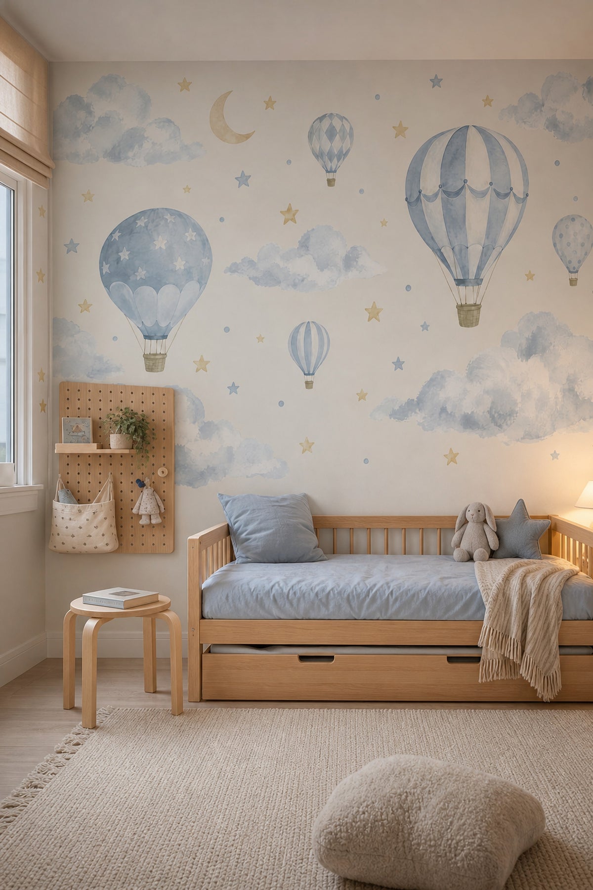 Bulutlu Balon Desenli Poster Duvar Kağıdı Mavi Çocuk Odası