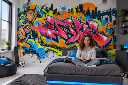 Renkli Graffiti Poster Duvar Kağıdı Şehir Siluetli Genç Odası
