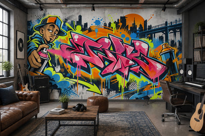 Renkli Graffiti Poster Duvar Kağıdı Şehir Siluetli Genç Odası