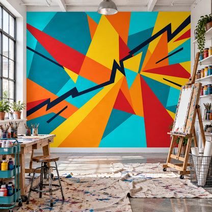 Renkli Geometrik Poster Duvar Kağıdı Turkuaz Sarı Salon