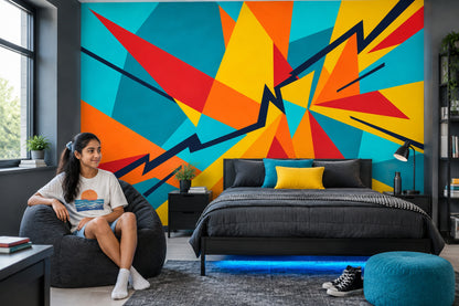 Renkli Geometrik Poster Duvar Kağıdı Turkuaz Sarı Salon