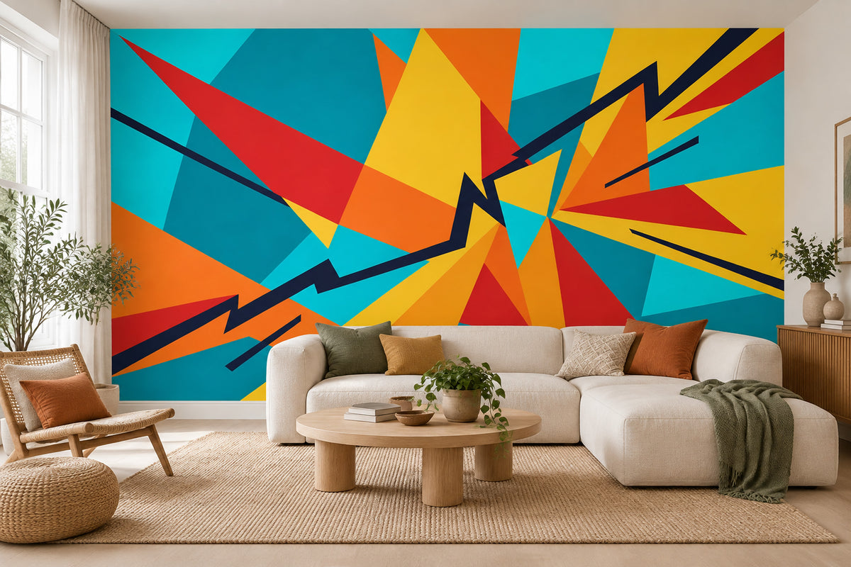 Renkli Geometrik Poster Duvar Kağıdı Turkuaz Sarı Salon