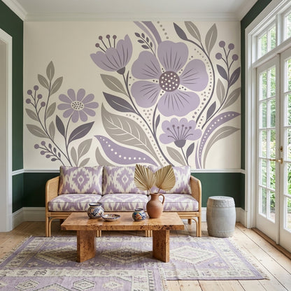 Mor Çiçek Desenli Poster Duvar Kağıdı Modern Salon Dekoru