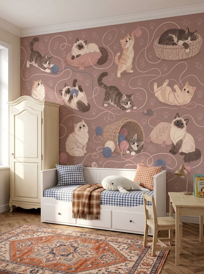 Sevimli Kedili Poster Duvar Kağıdı Pudra Pembe Bebek Odası