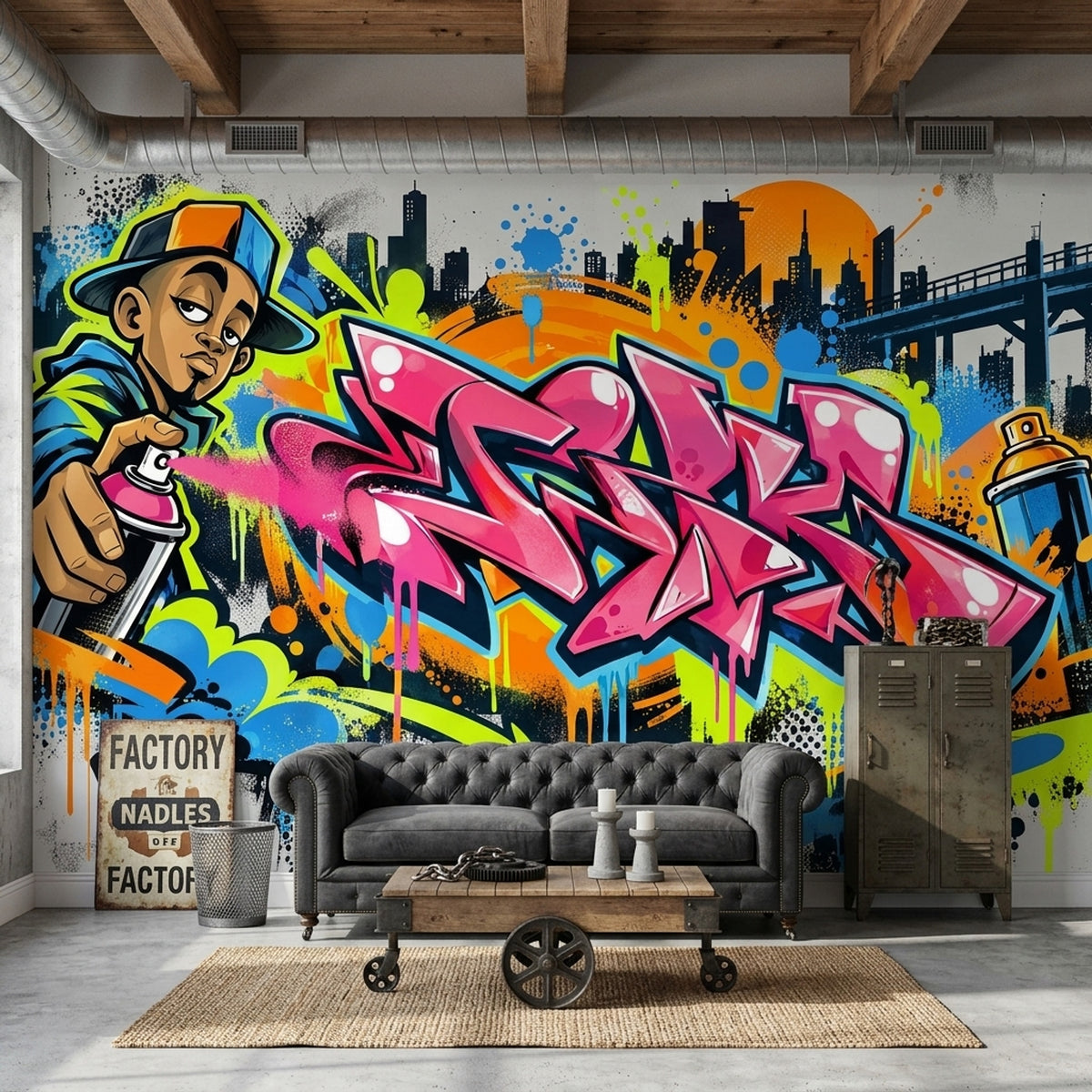 Renkli Graffiti Poster Duvar Kağıdı Şehir Siluetli Genç Odası