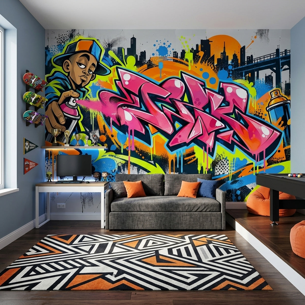 Renkli Graffiti Poster Duvar Kağıdı Şehir Siluetli Genç Odası