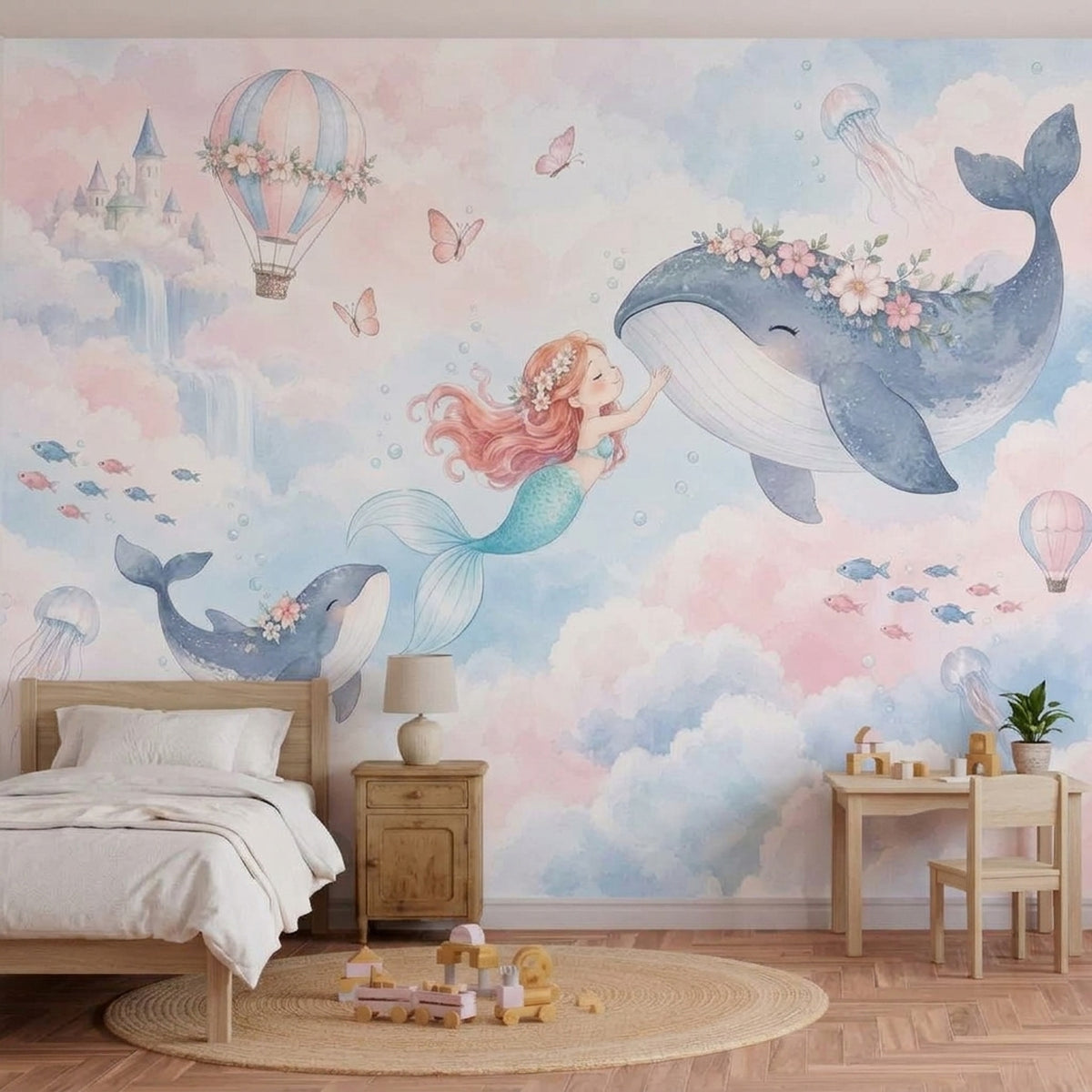 Deniz Kızı ve Balinalı Poster Duvar Kağıdı Pastel Çocuk Odası