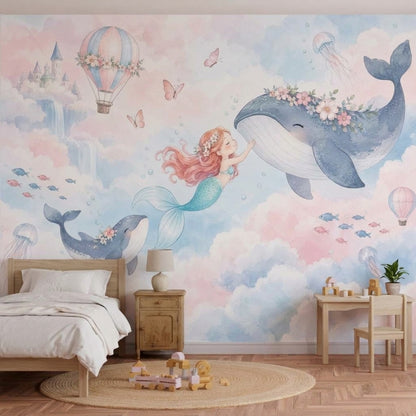 Deniz Kızı ve Balinalı Poster Duvar Kağıdı Pastel Çocuk Odası