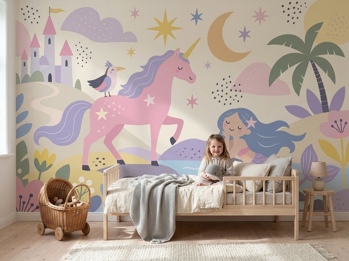 Unicorn Denizkızı Poster Duvar Kağıdı Pastel Çocuk Odası Desenli