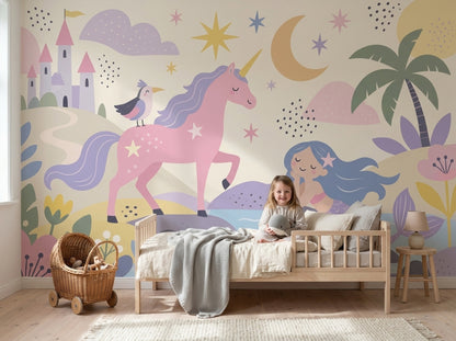 Unicorn Denizkızı Poster Duvar Kağıdı Pastel Çocuk Odası Desenli