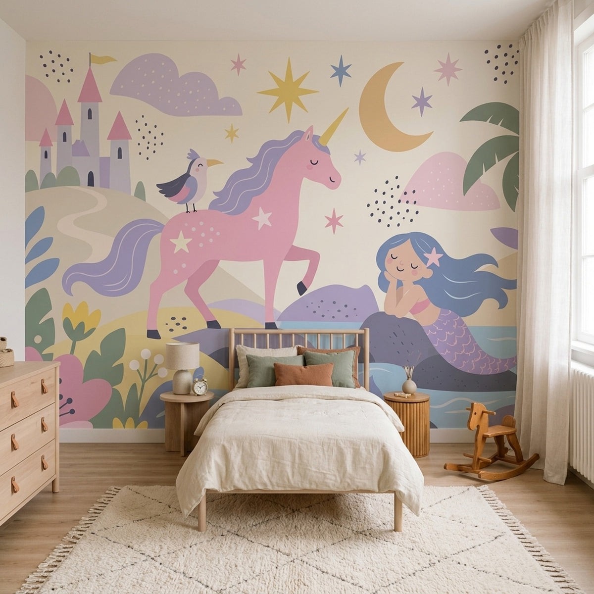 Unicorn Denizkızı Poster Duvar Kağıdı Pastel Çocuk Odası Desenli