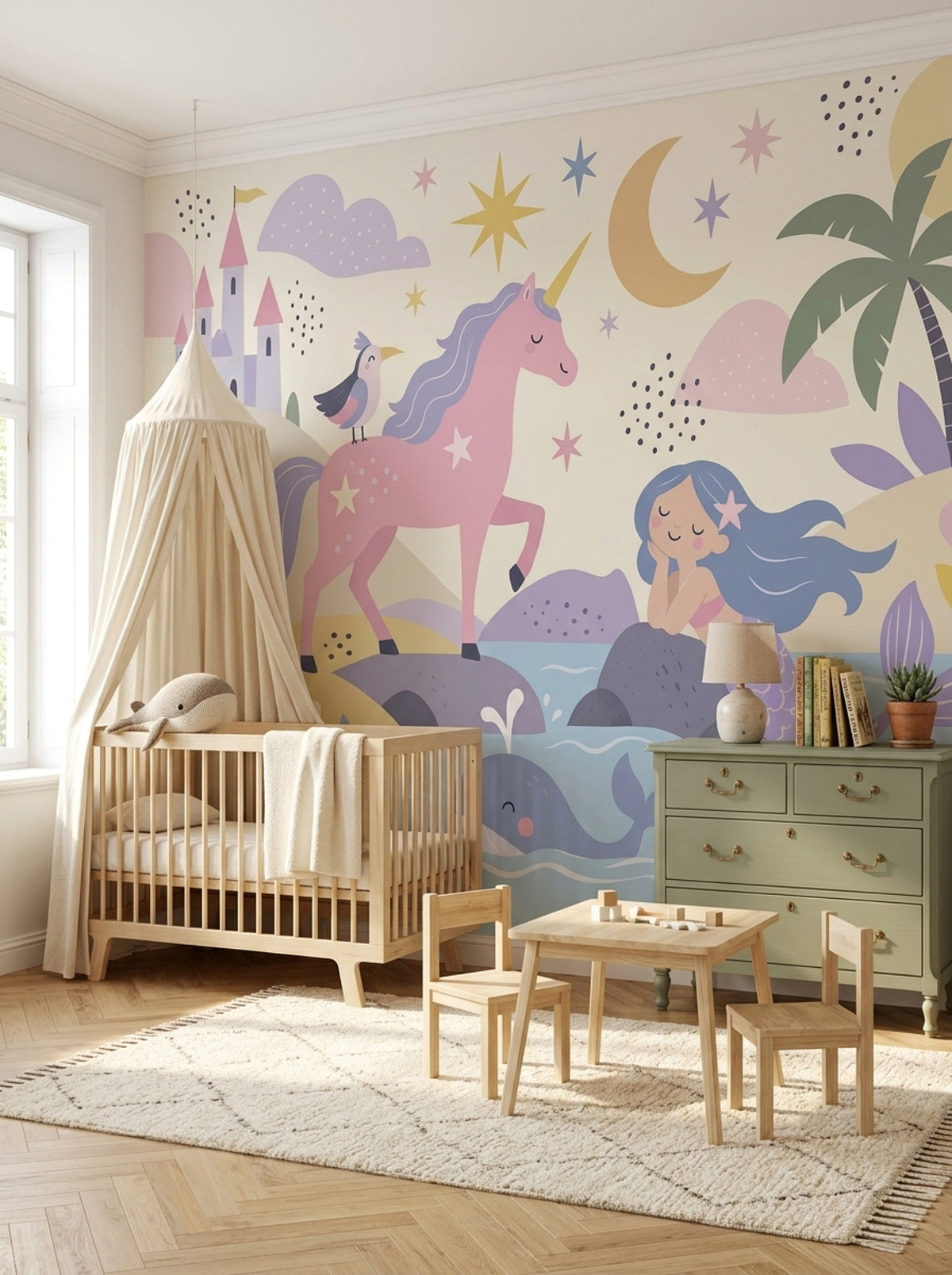 Unicorn Denizkızı Poster Duvar Kağıdı Pastel Çocuk Odası Desenli