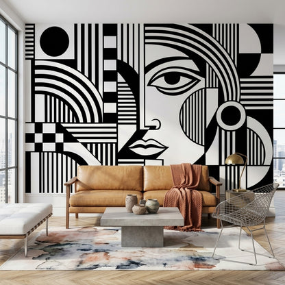 Soyut Yüz Çizimli Poster Duvar Kağıdı Siyah Beyaz Salon