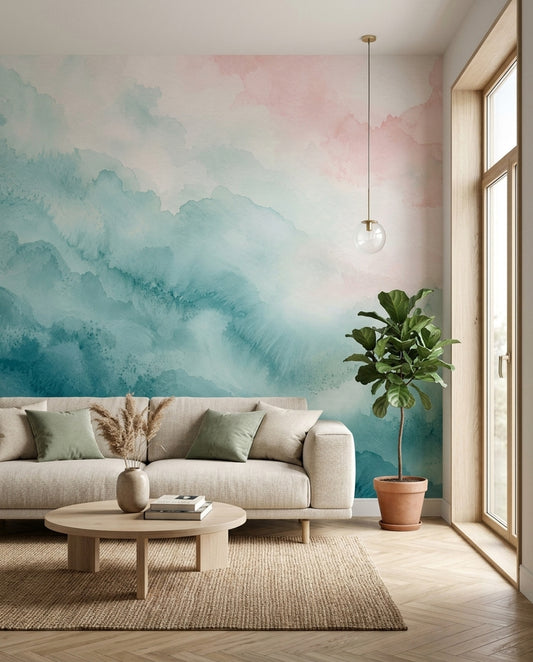 Pastel Suluboya Bulut Desenli Poster Duvar Kağıdı Salon