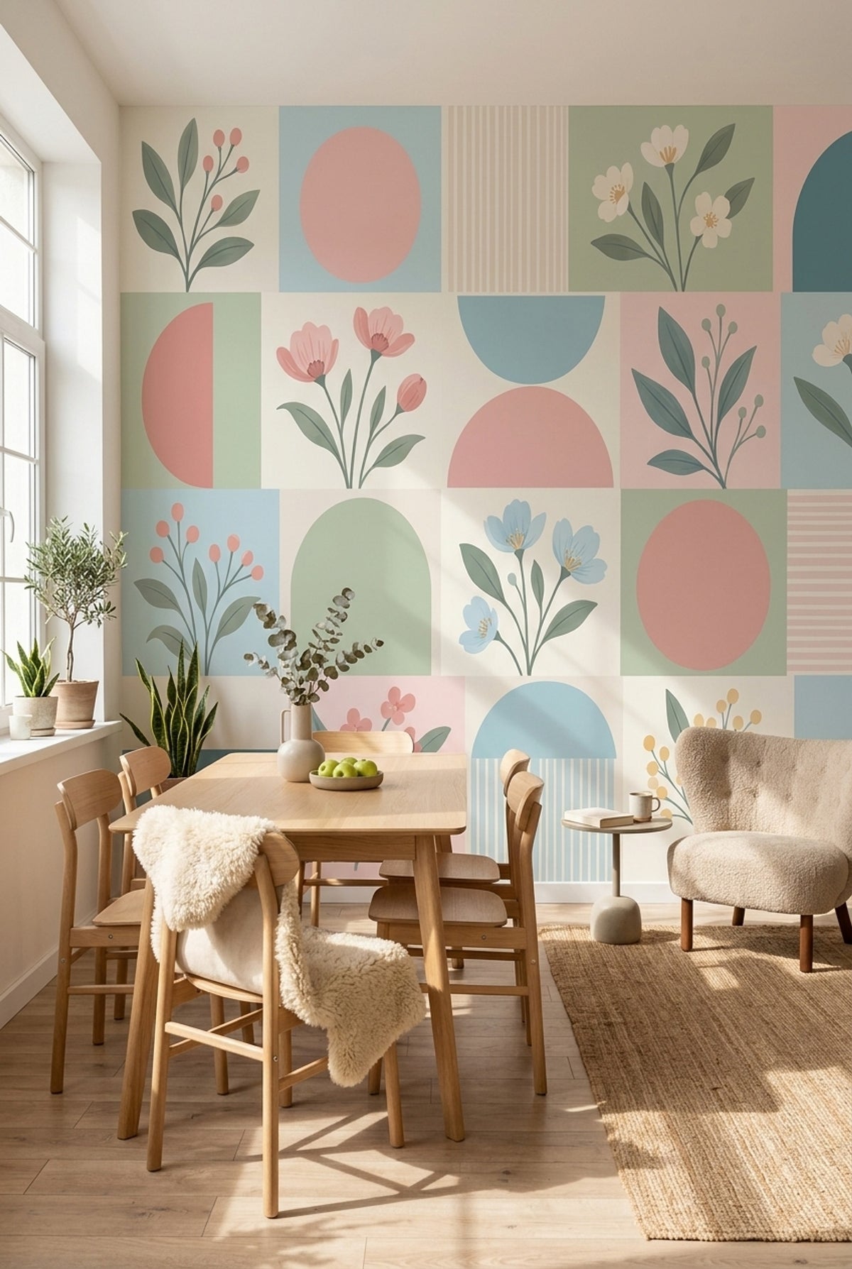 Pastel Geometrik Çiçekli Poster Duvar Kağıdı Salon Duvarı