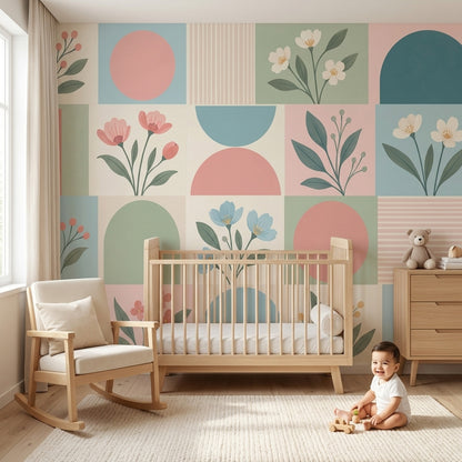 Pastel Geometrik Çiçekli Poster Duvar Kağıdı Salon Duvarı